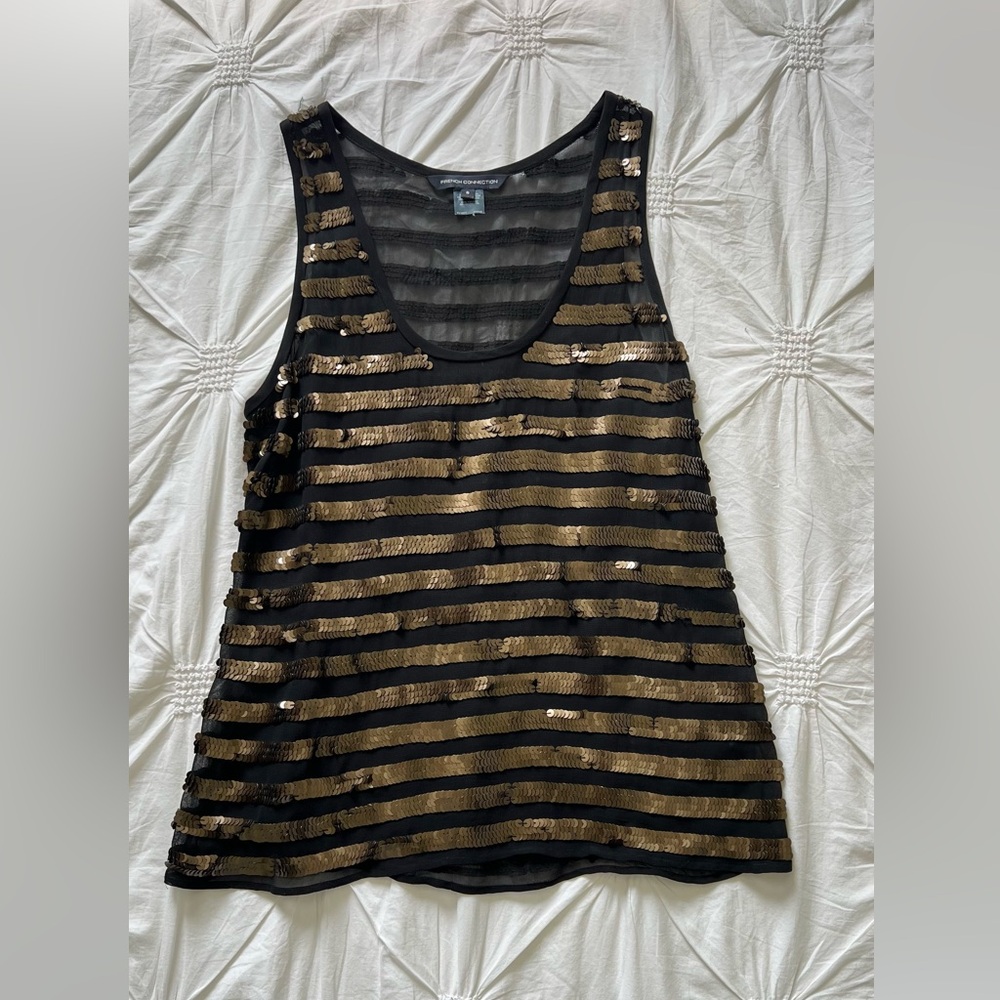 French Connection Black and Gold Sequin Tank Top